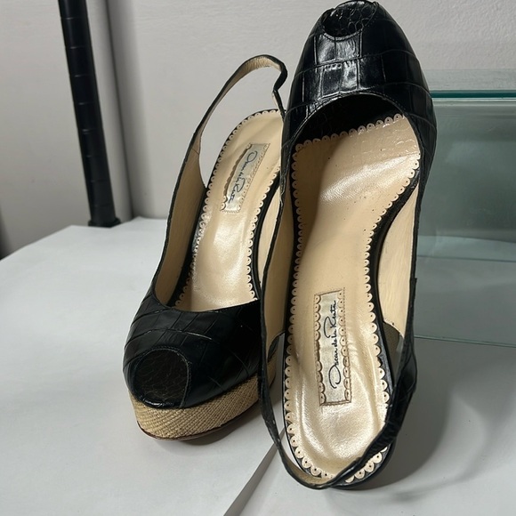 Oscar de la Renta Sz 40 / US 9 Black Crock Leather 5” Linen Wrapped Wedge Heel